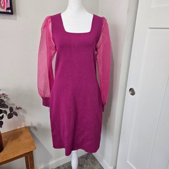 House of Harlow 1960 Fuchsia Bodycon Dress Sheer Sleeves Sz L - Picture 1 of 9